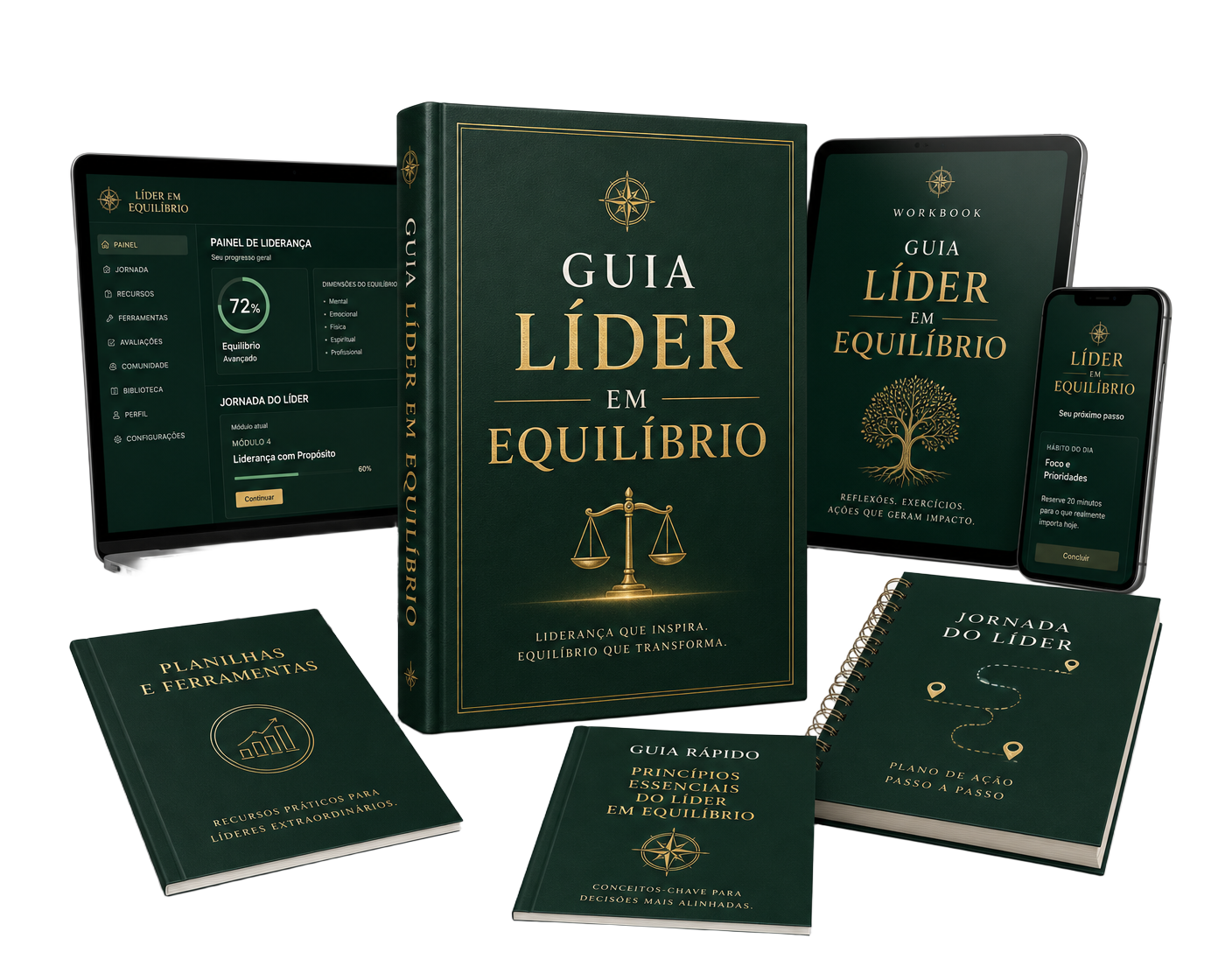 Todos os materiais do Guia Líder em Equilíbrio reunidos: guia principal, mapa, protocolo e bônus